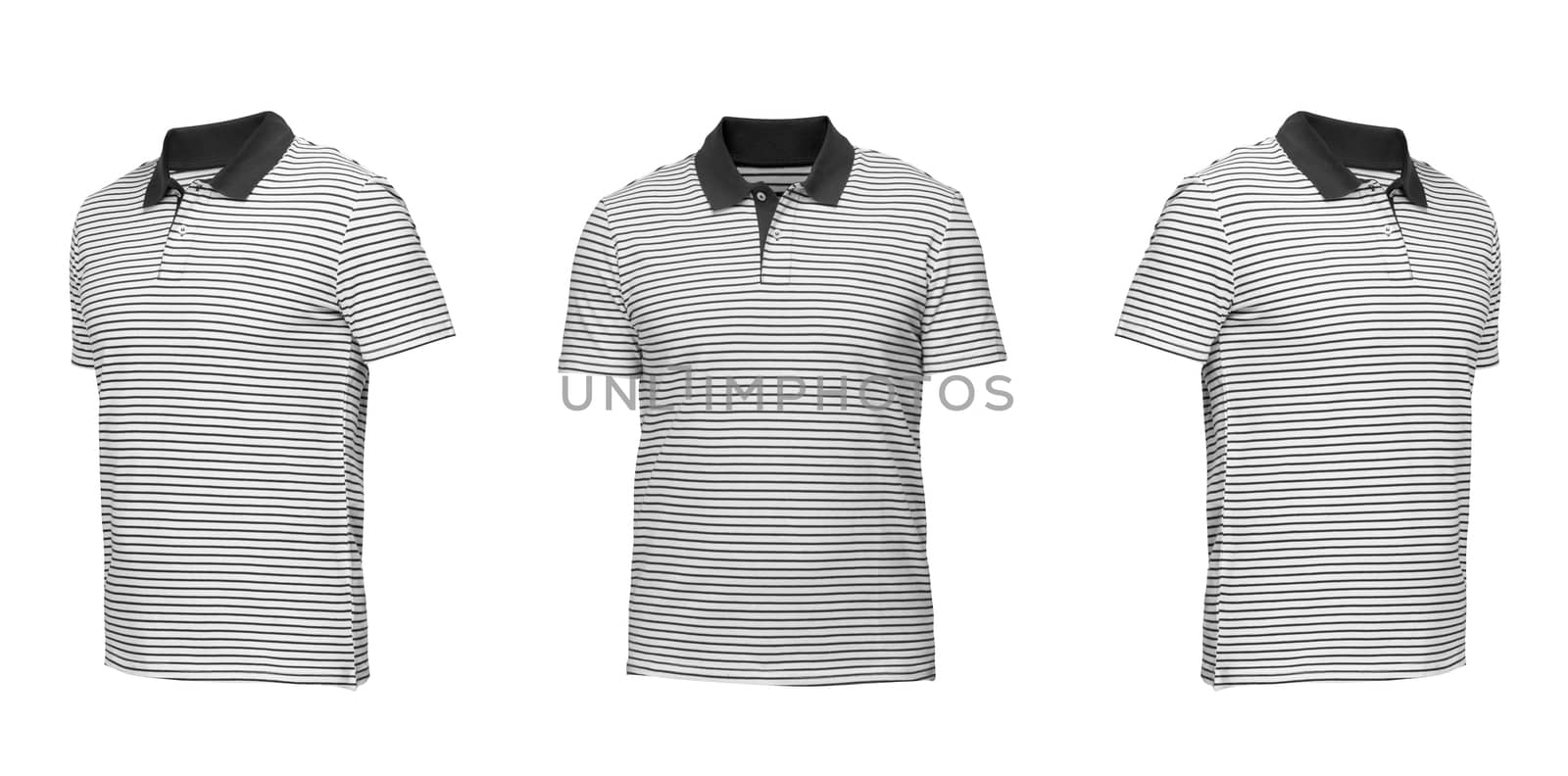 White polo shirt with stripes. t-shirt front view three positions on a white background