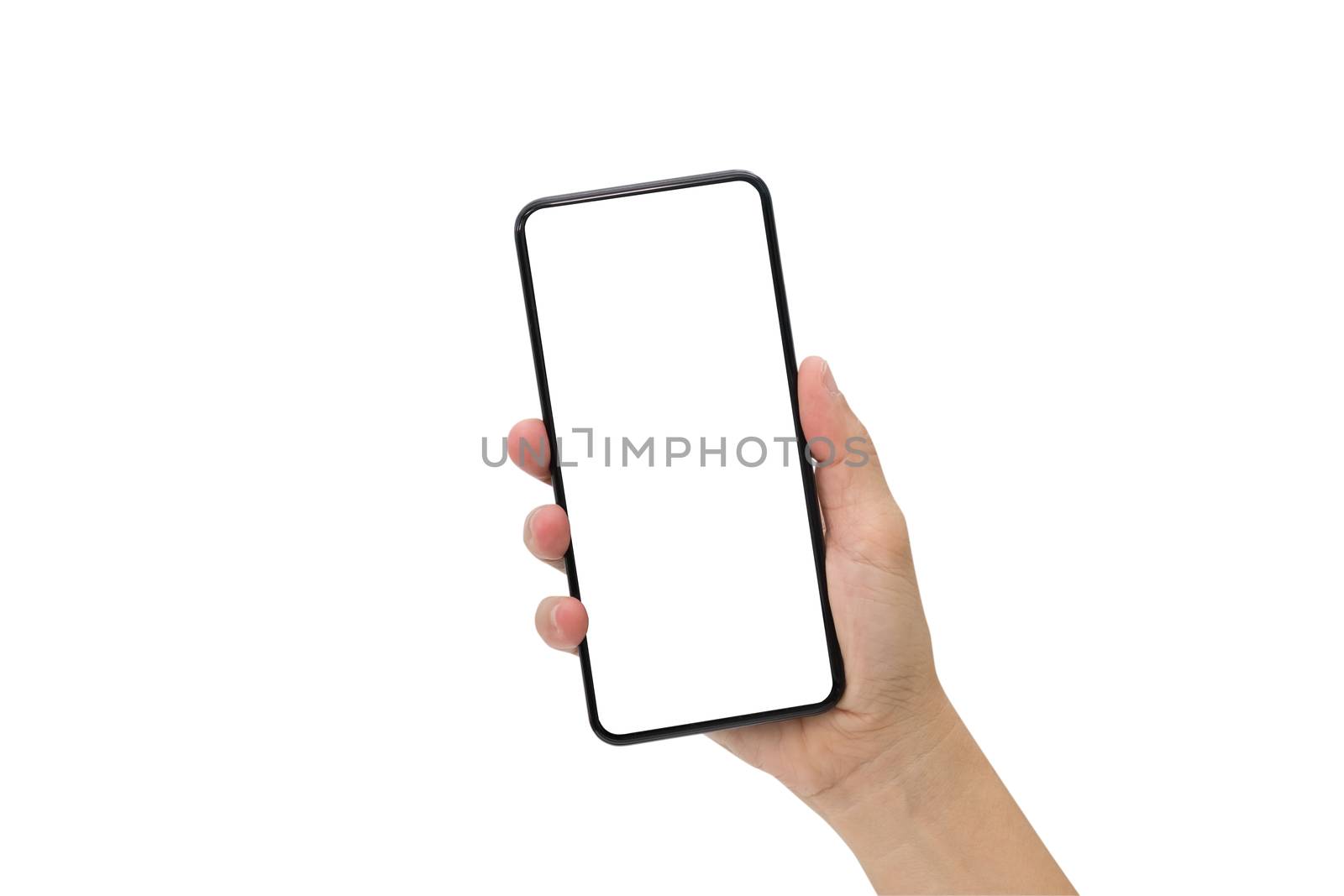 Hand holding black mobile phone with blank screen isolated on white background.