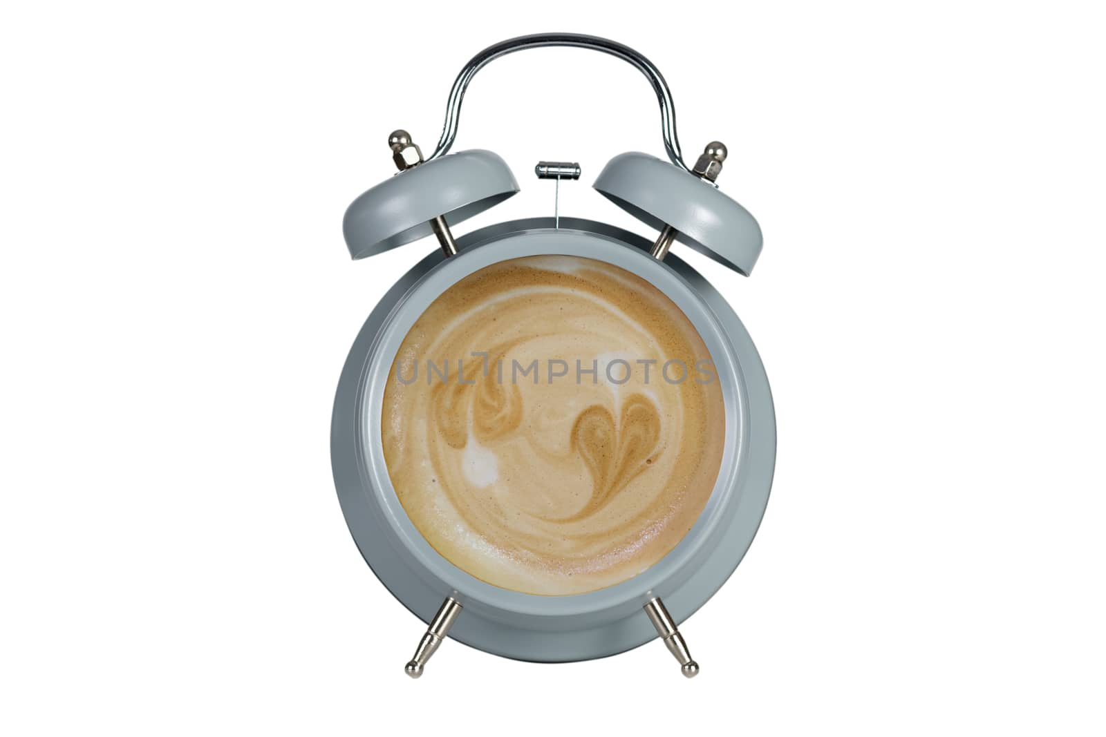 Hot coffee with frothy foam in blue alarmclock design is Coffee Time Concept