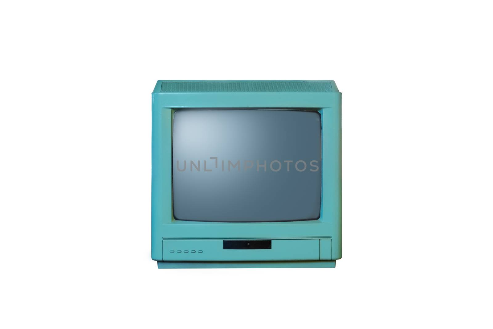 Retro old blue television from 80s isolated on white background.