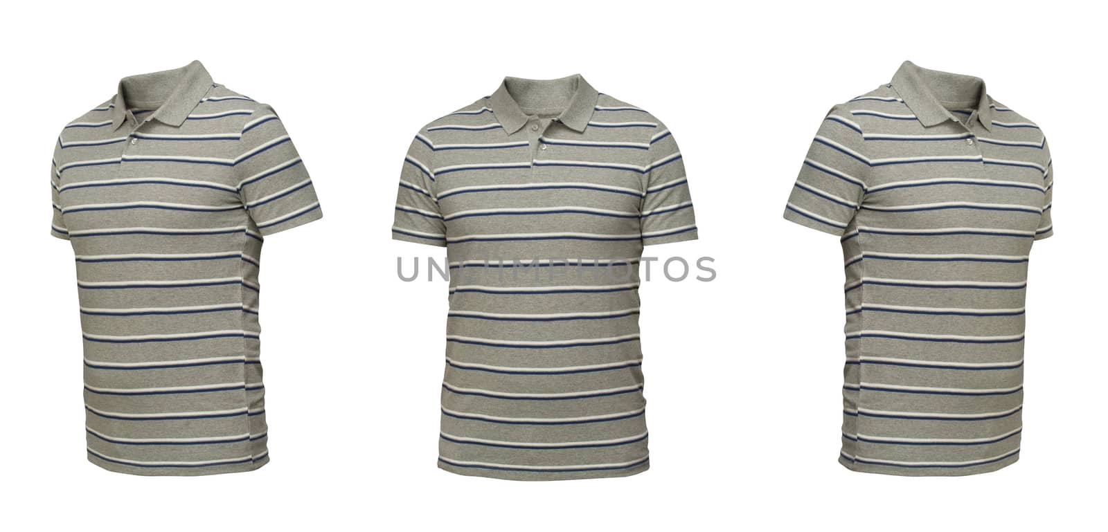 Gray polo shirt with stripes. t-shirt front view three positions on a white background