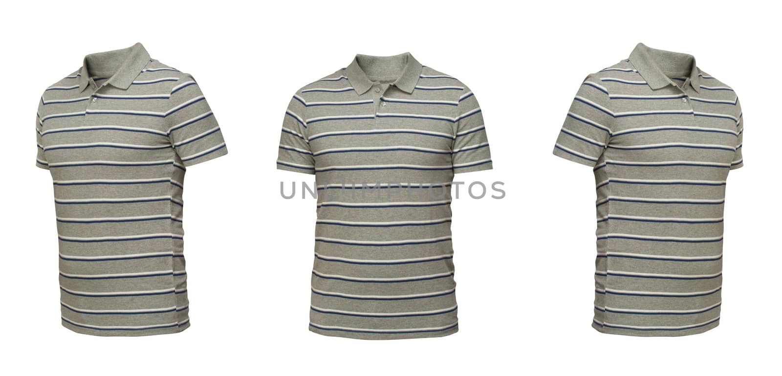 Gray polo shirt with stripes. t-shirt front view three positions on a white background