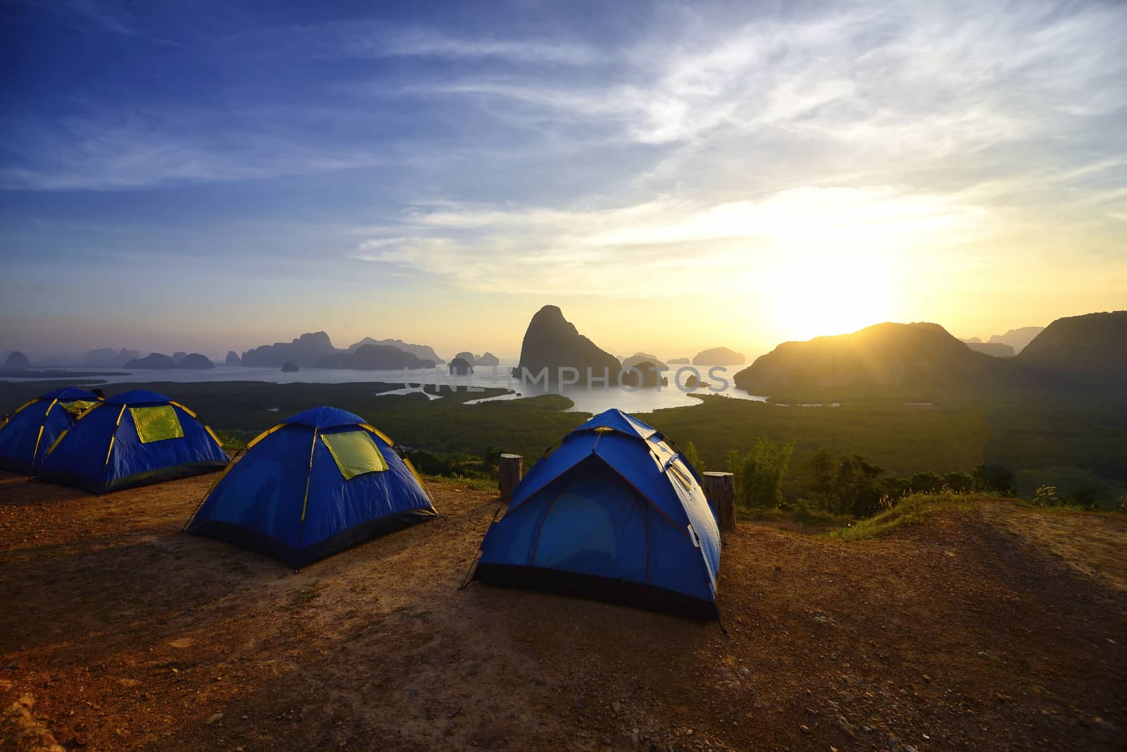 Beautiful new unseen view point of Samed Nang Chee Bay, , twilight sky in the morning, Ao Phang Nga National Park, Thailand, traveling and camping concept.