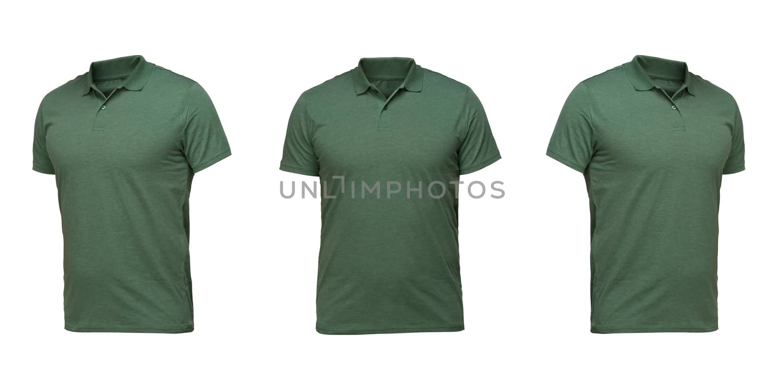 Green polo shirt. t-shirt front view three positions on a white background