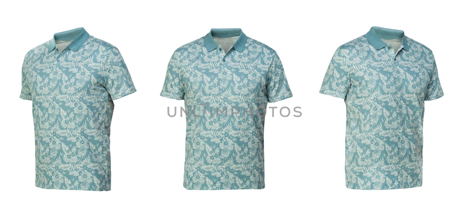 polo shirt with flowers pattern. t-shirt front view three positions on a white background