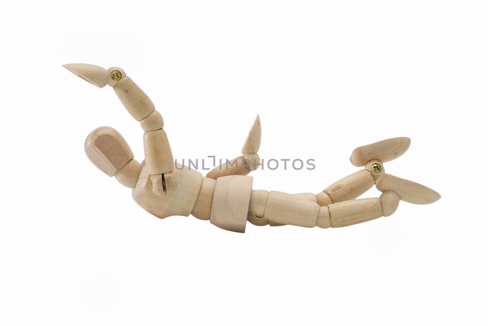 Wooden dummy swimming isolated on a white background.