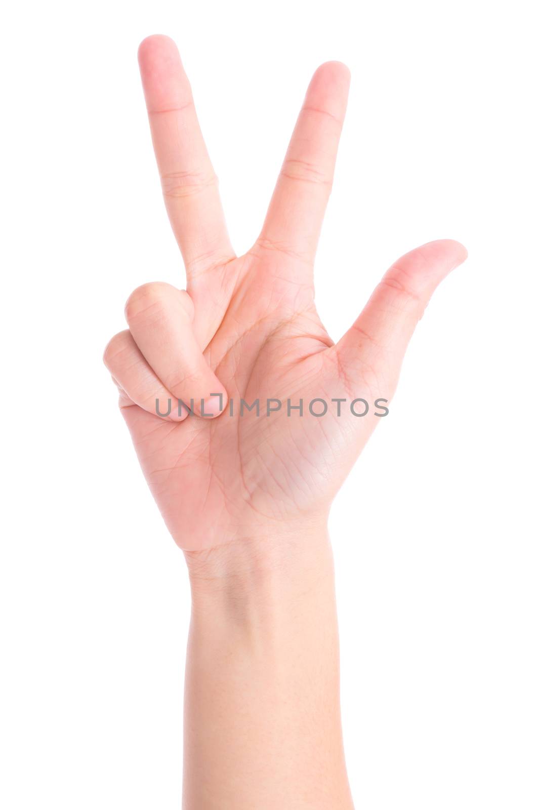 woman's hand is counting number 8 or Eight isolated on white  background. The concept of hand symbols in counting numbers in order to communicate using gestures.