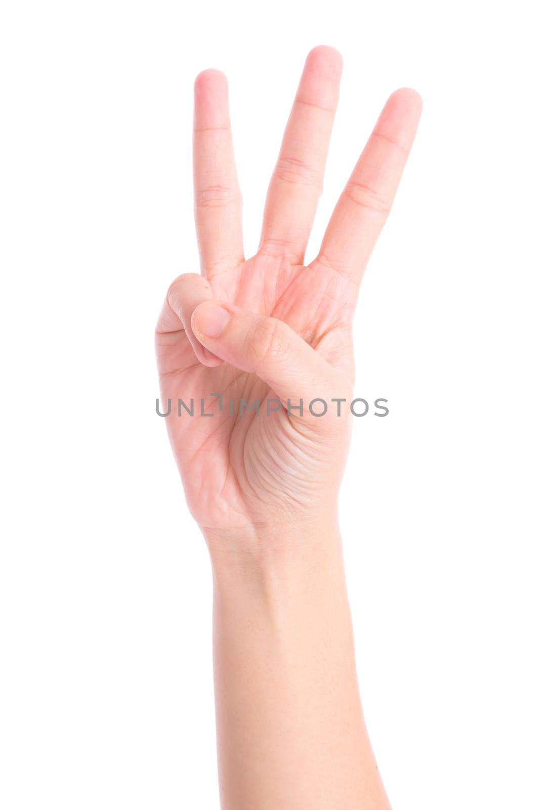 woman's hand is counting number 3 or Three isolated on white  background. The concept of hand symbols in counting numbers in order to communicate using gestures.