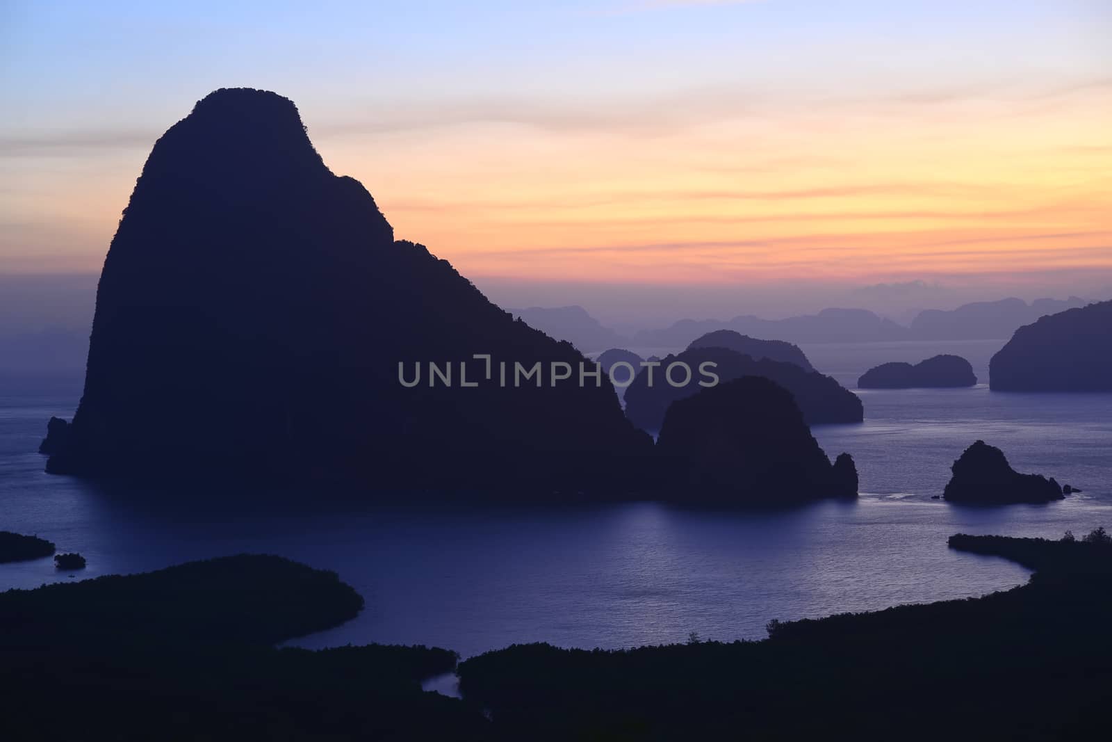 Beautiful view at sunrise time at Samed Nang Chee mountain view point in Phang Nga Province,thailand