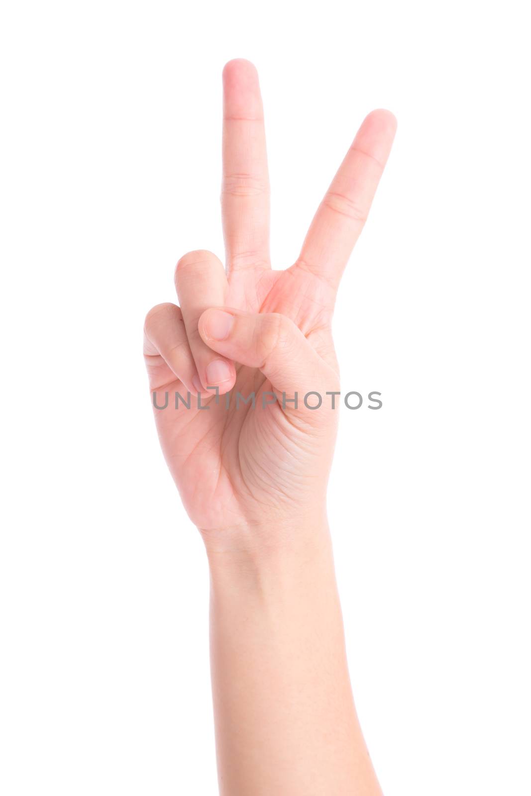 woman's hand is counting number 2 or Two isolated on white  background. The concept of hand symbols in counting numbers in order to communicate using gestures.