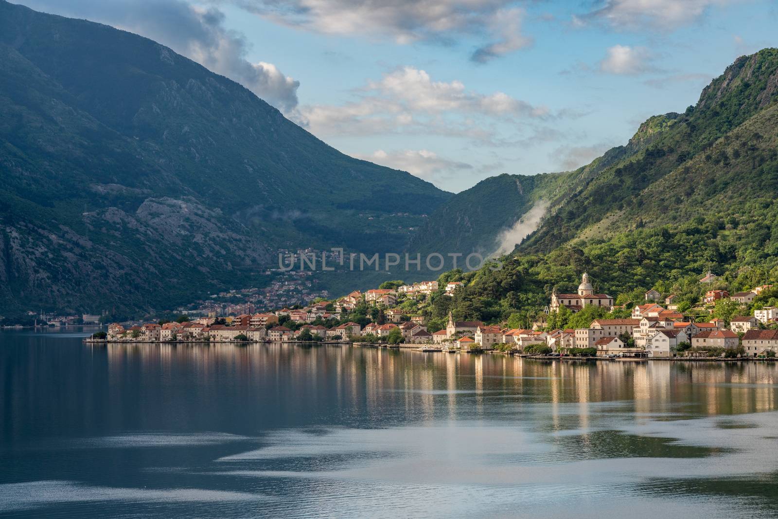 Small village of Prcanj on coastline of Gulf of Kotor in Montenegro