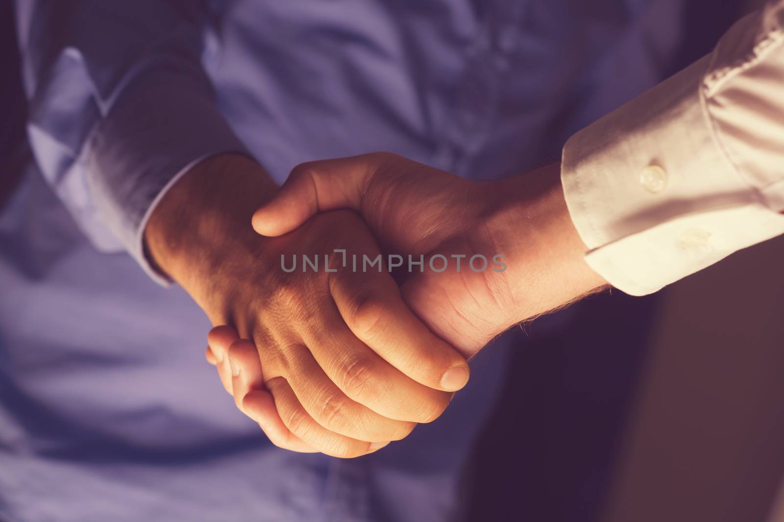 Handshaking of two business people. Partnership - Teamwork. Greeting, Form Of Communication. Light in scene come from down. 
