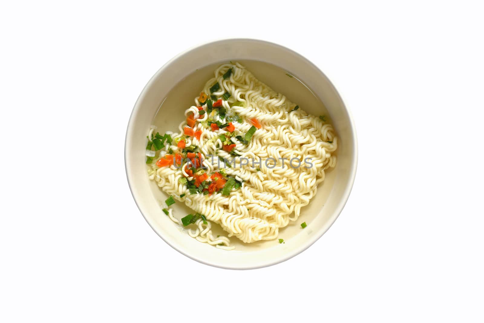 round instant noodle (Thai mama noodles instant food) in hot water in bowl cooked the ingredients Isolated on white background. Top view