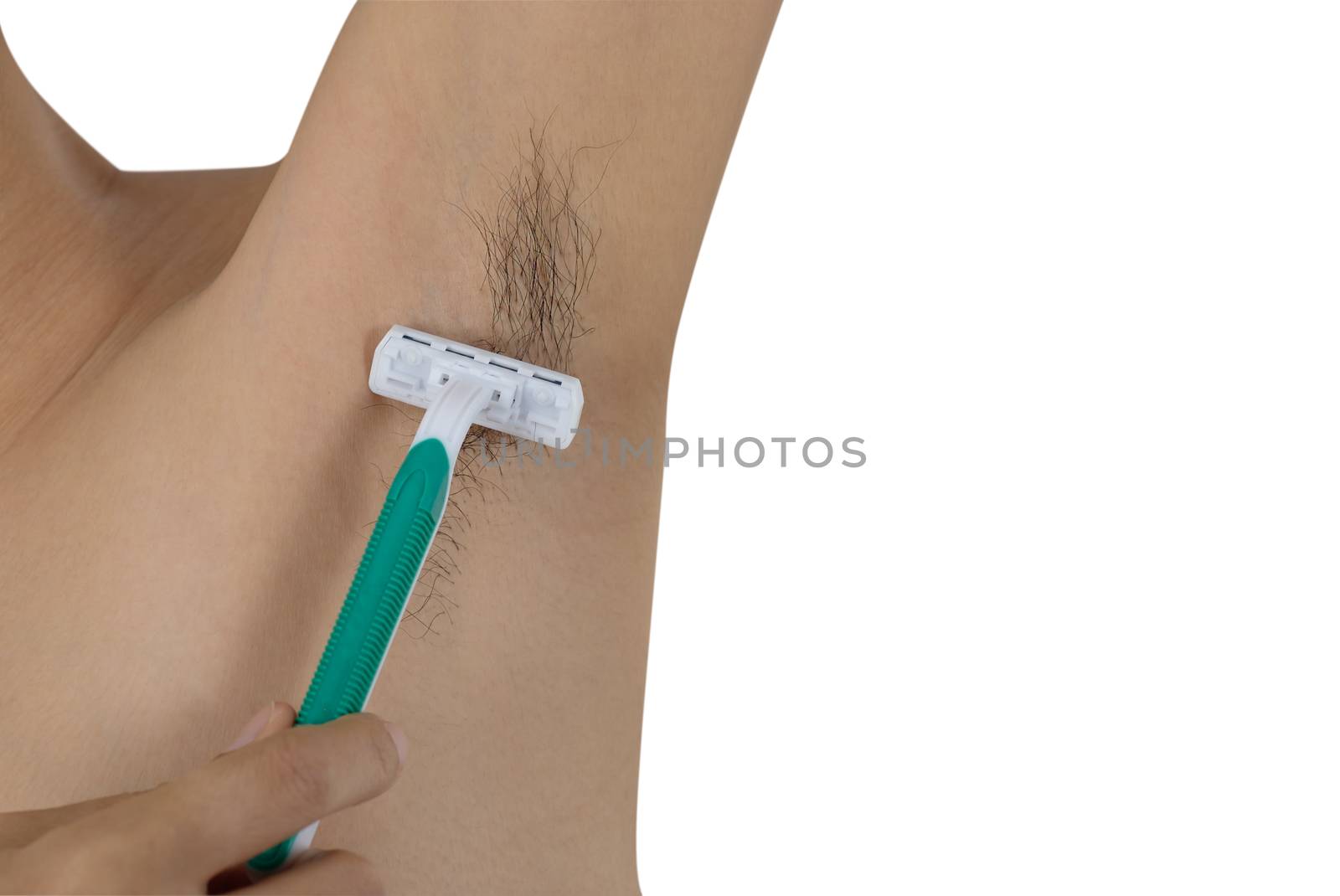 Hands are shaved, armpits or plucking the armpits by using a razor isolated on a white background, Hygiene skin body care concept.