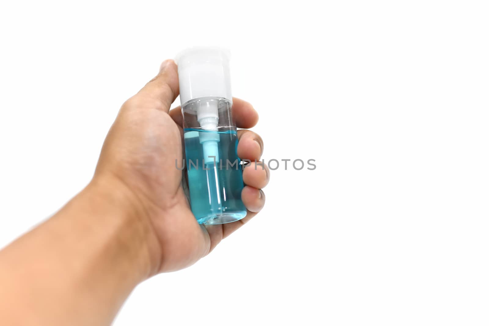 gel alcohol in Hand On a white background or spray alcohol anti bacteria to prevent spread of germs, bacteria and virus. and avoid infections corona virus. Hygiene concept. antibacterial gel sanitizer. 