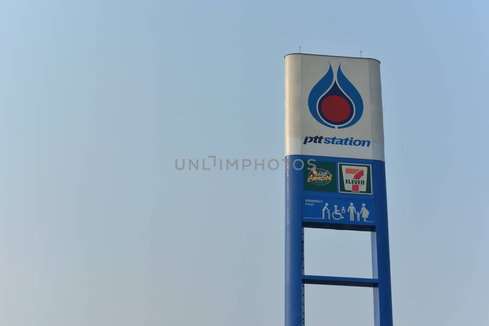 Loei,Thailand, March 27,2020, label PTT Station,Gas Station PTT is the most popular in Thailand. Because in addition to providing oil There are also 7-11 convenience stores and coffee shops like Café.