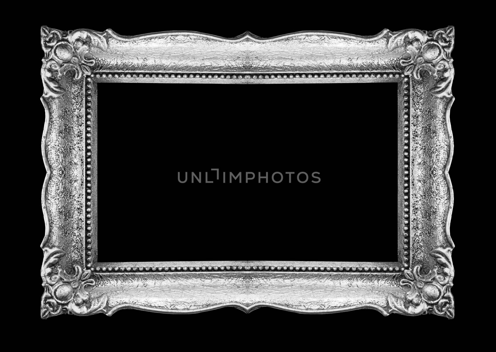 Old Picture Frame on black wall, silver metal