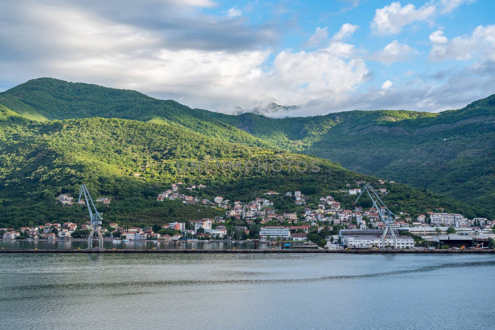 Port town of Bijela on coastline of Gulf of Kotor in Montenegro