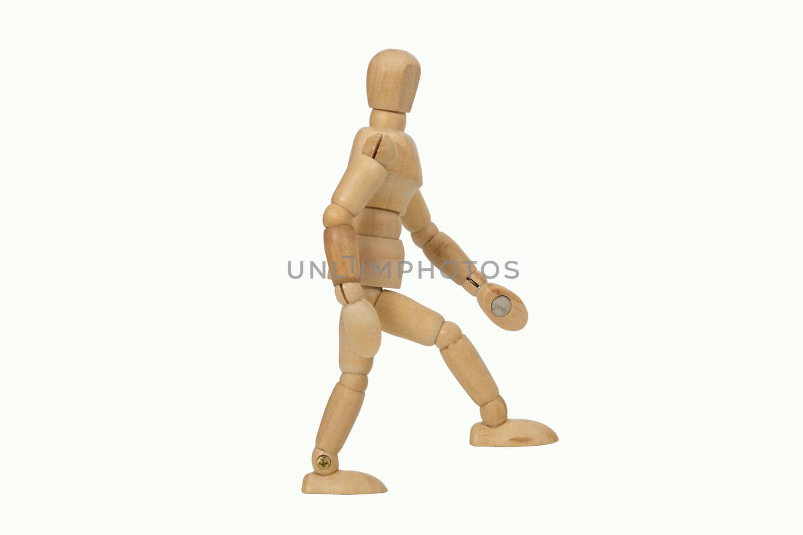 Wooden dummy going upstairs isolated on white background.