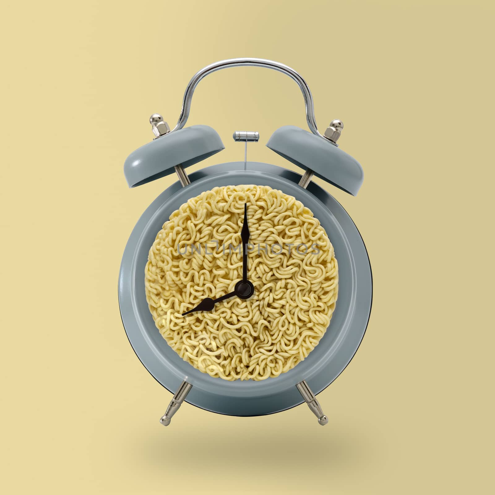 Alarm Clock with Noodle on yellow background, idea concept by feelartfeelant