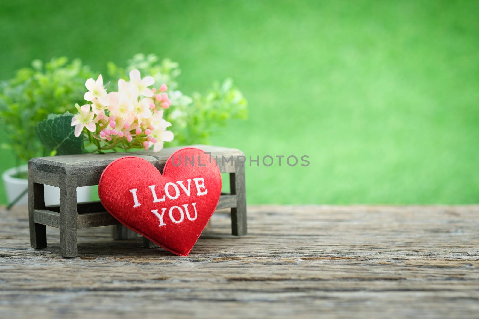 Pot plants and mini shape-heart on a wooden floor in green garden background for valentine day, AF point selection, with space for write.