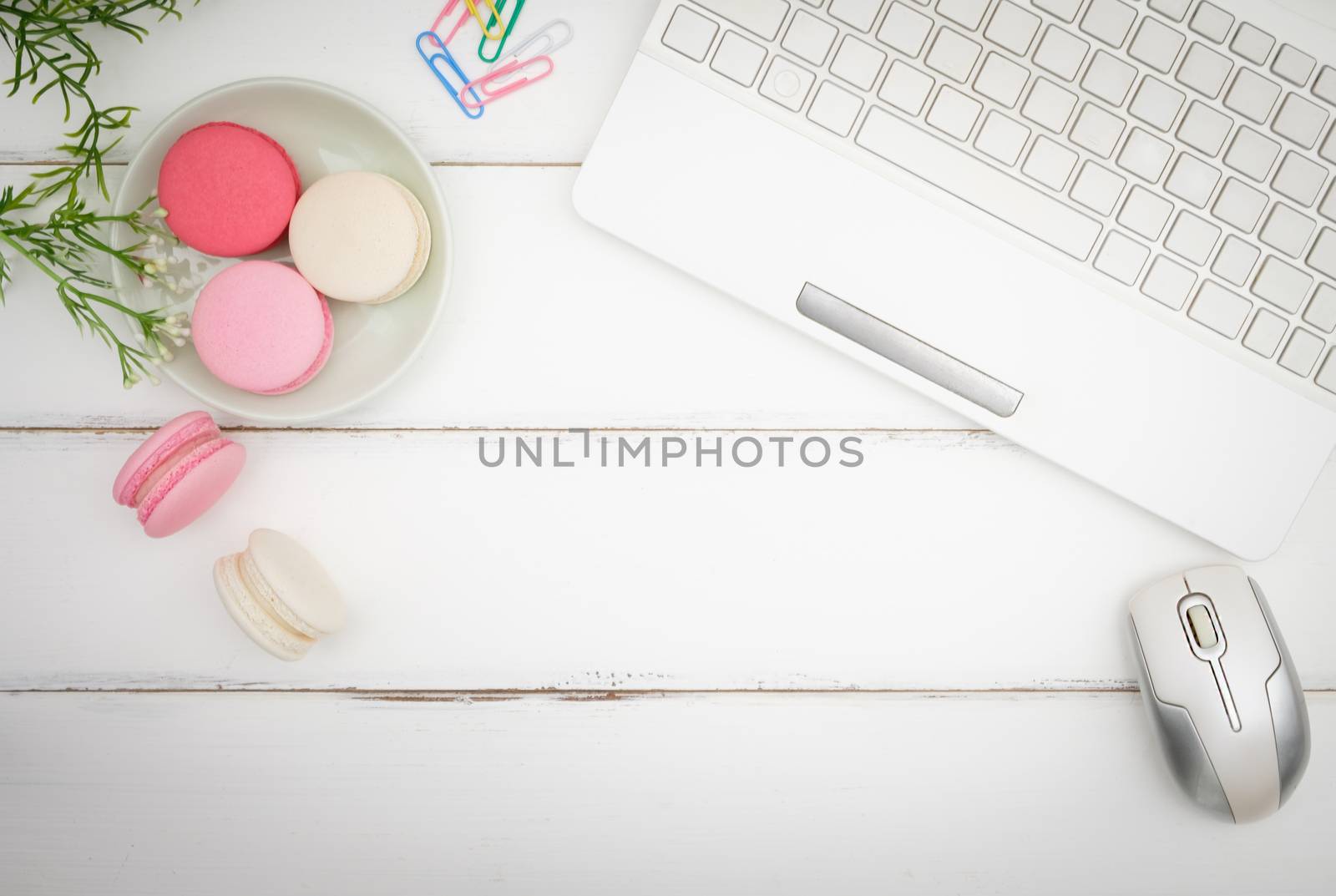 macarons on white table background, Beautiful dessert, Flat lay style with copy space to write.