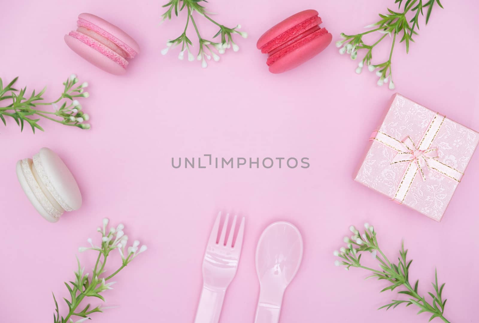 macarons on pink background, Beautiful dessert, Flat lay style with copy space to write.