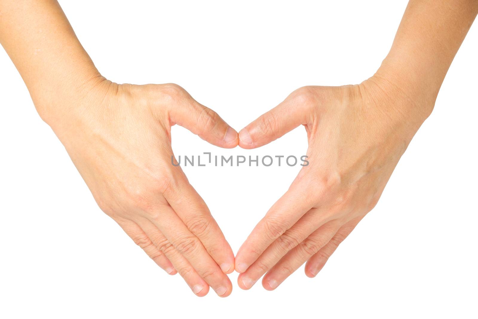 hands shaping a heart symbol on white background with clipping path