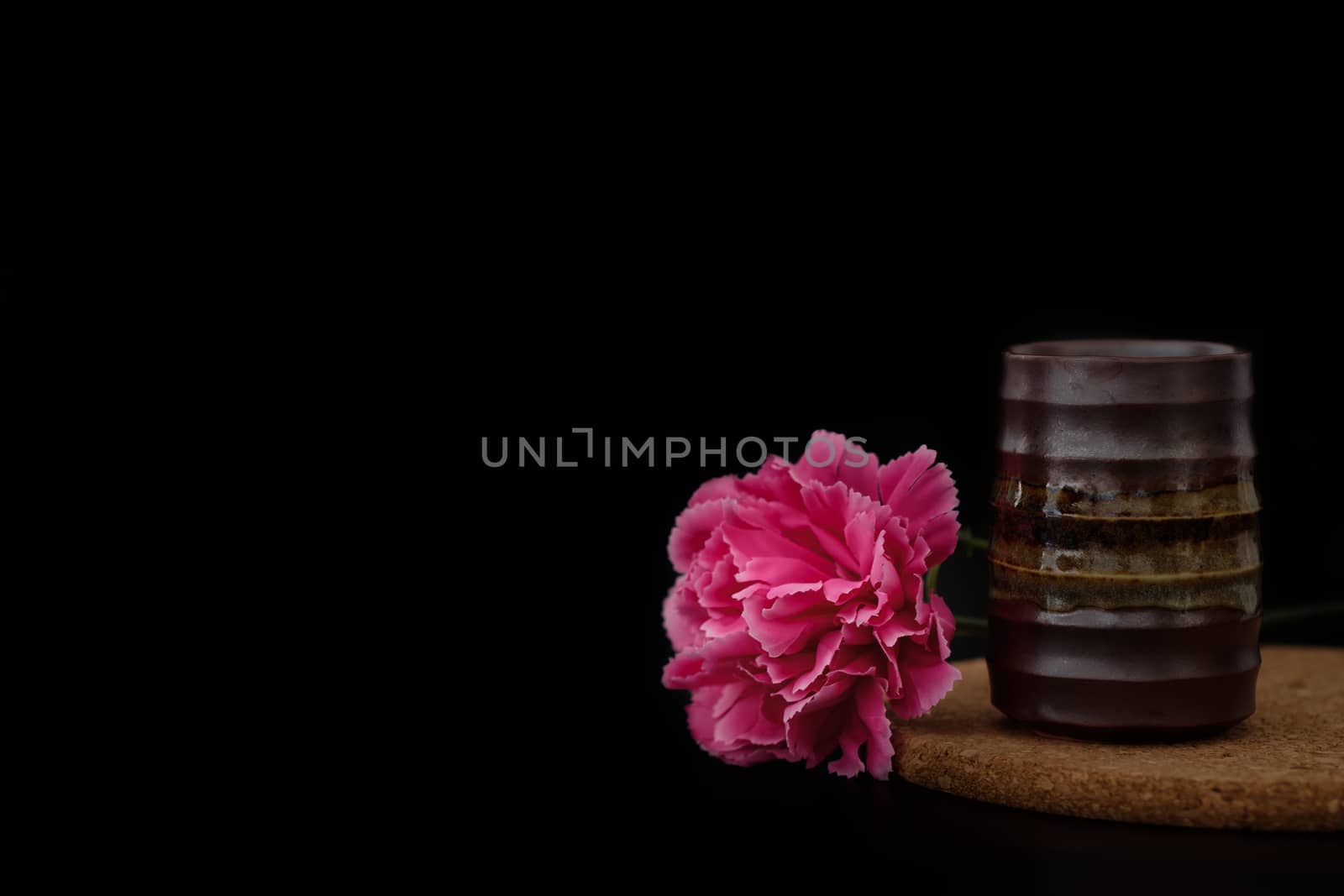 Still life with flower near the pottery vase on black background, Choose a focal point, copy space for write.