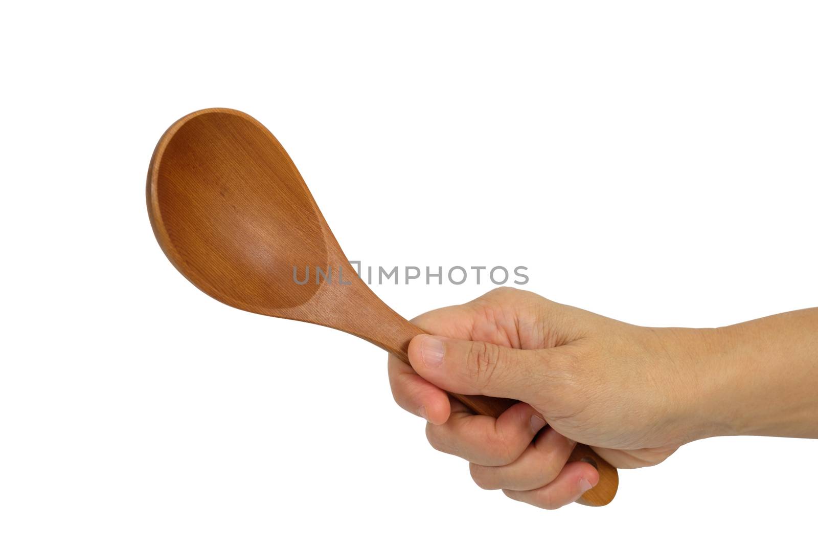 Hand is holding a ladle isolated on white background.