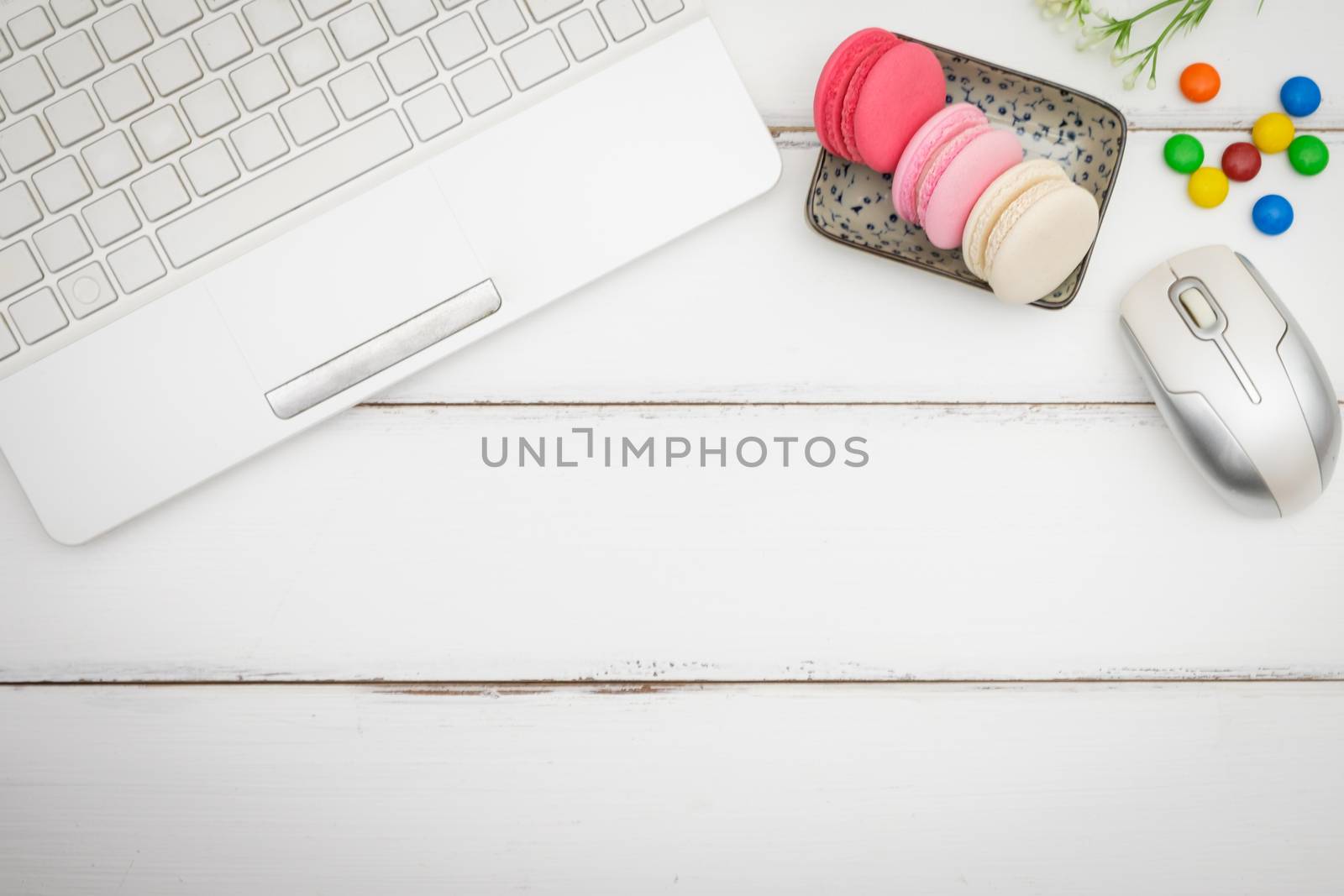 macarons on white table background, Beautiful dessert, Flat lay style with copy space to write.