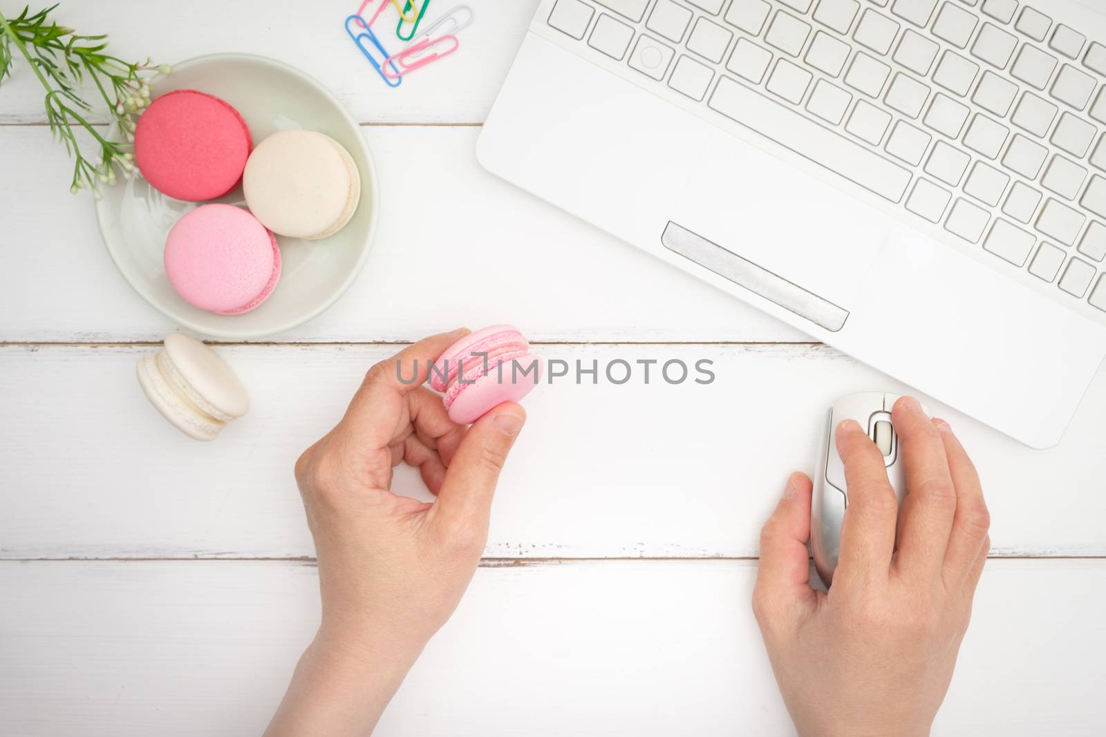 macarons on white table background, Beautiful dessert, Flat lay style with copy space to write.