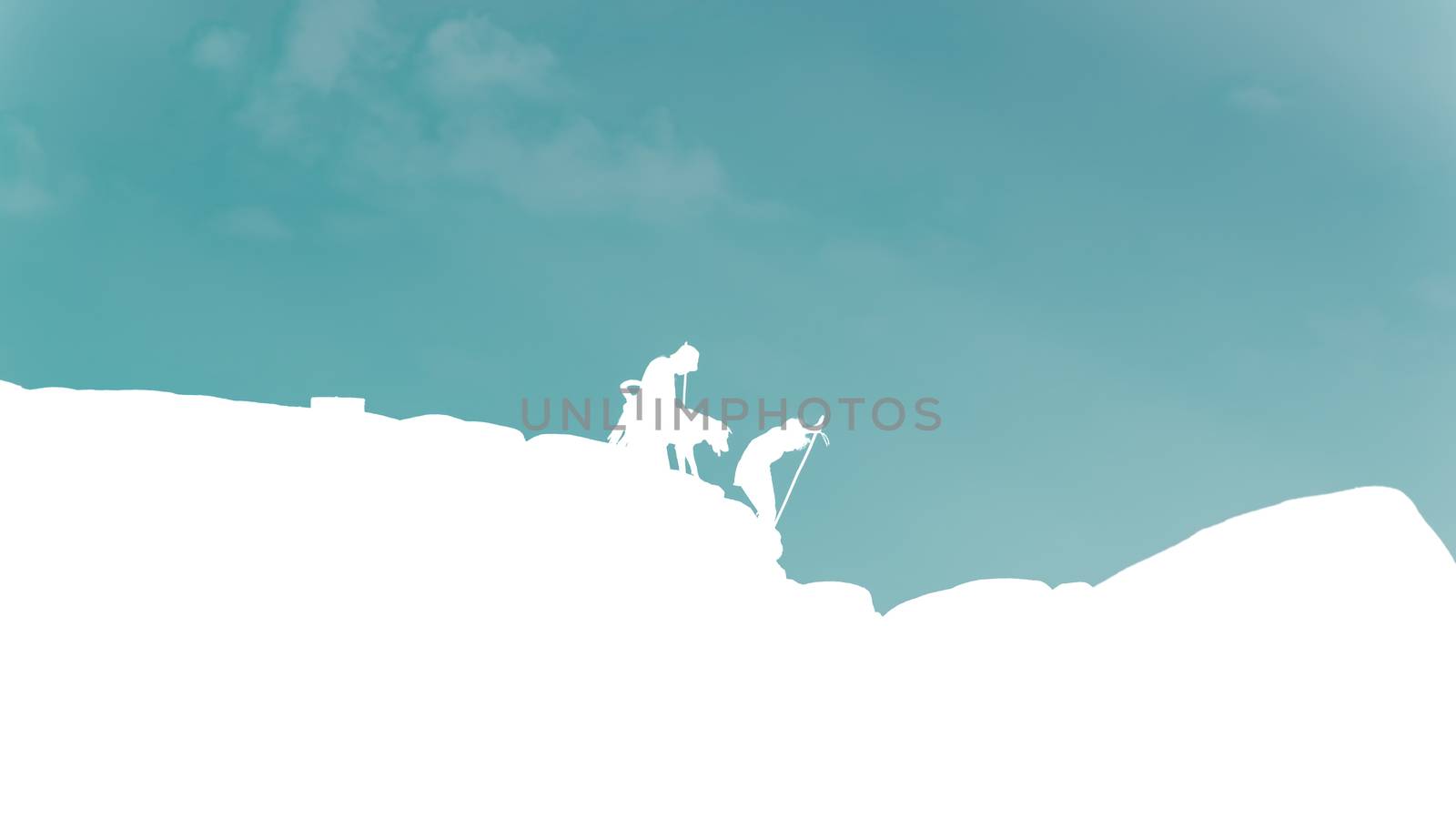 Traveler Man, woman and dog Silhouette Rock Climber Stand On Top Mountain, on blue sky Background.