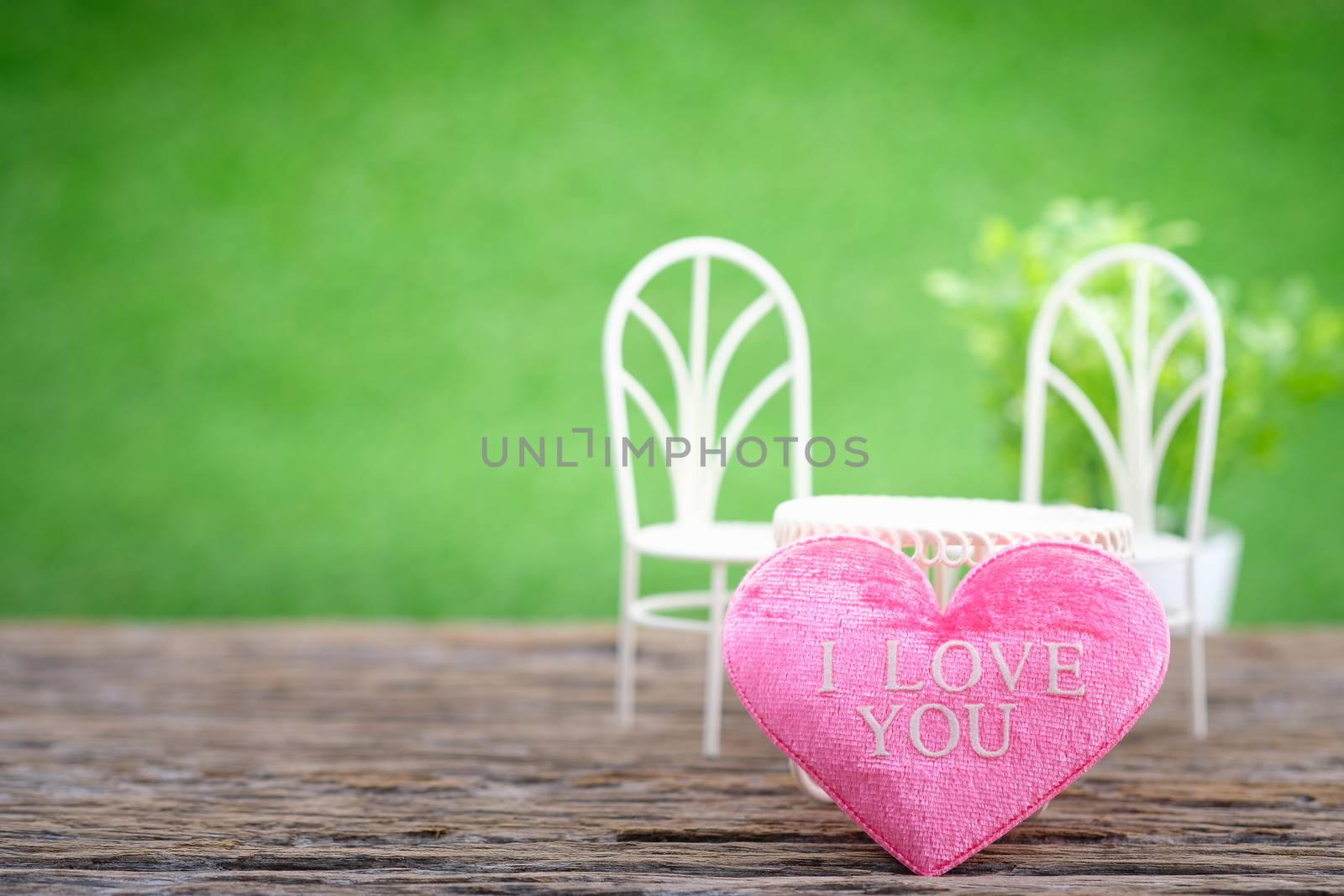 Pot plants and mini shape-heart on a wooden floor in green garden background for valentine day, AF point selection, with space for write.