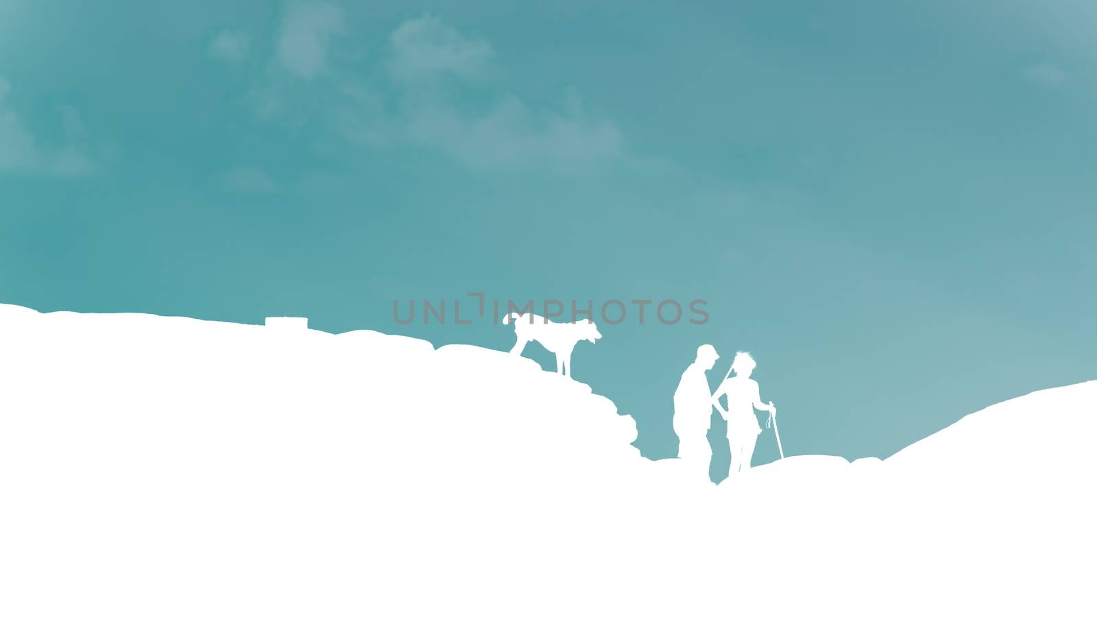 Traveler Man, woman and dog Silhouette Rock Climber Stand On Top Mountain, on blue sky Background.