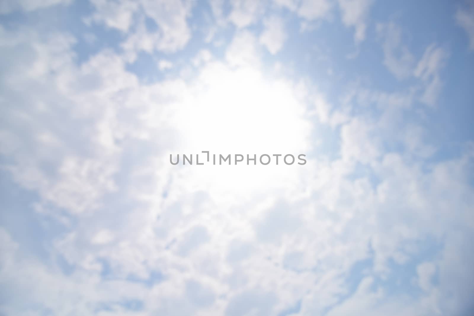 Summer holiday concept : Abstract blurred peaceful natural blue sky clouds landscape background and sun glowing flare light 