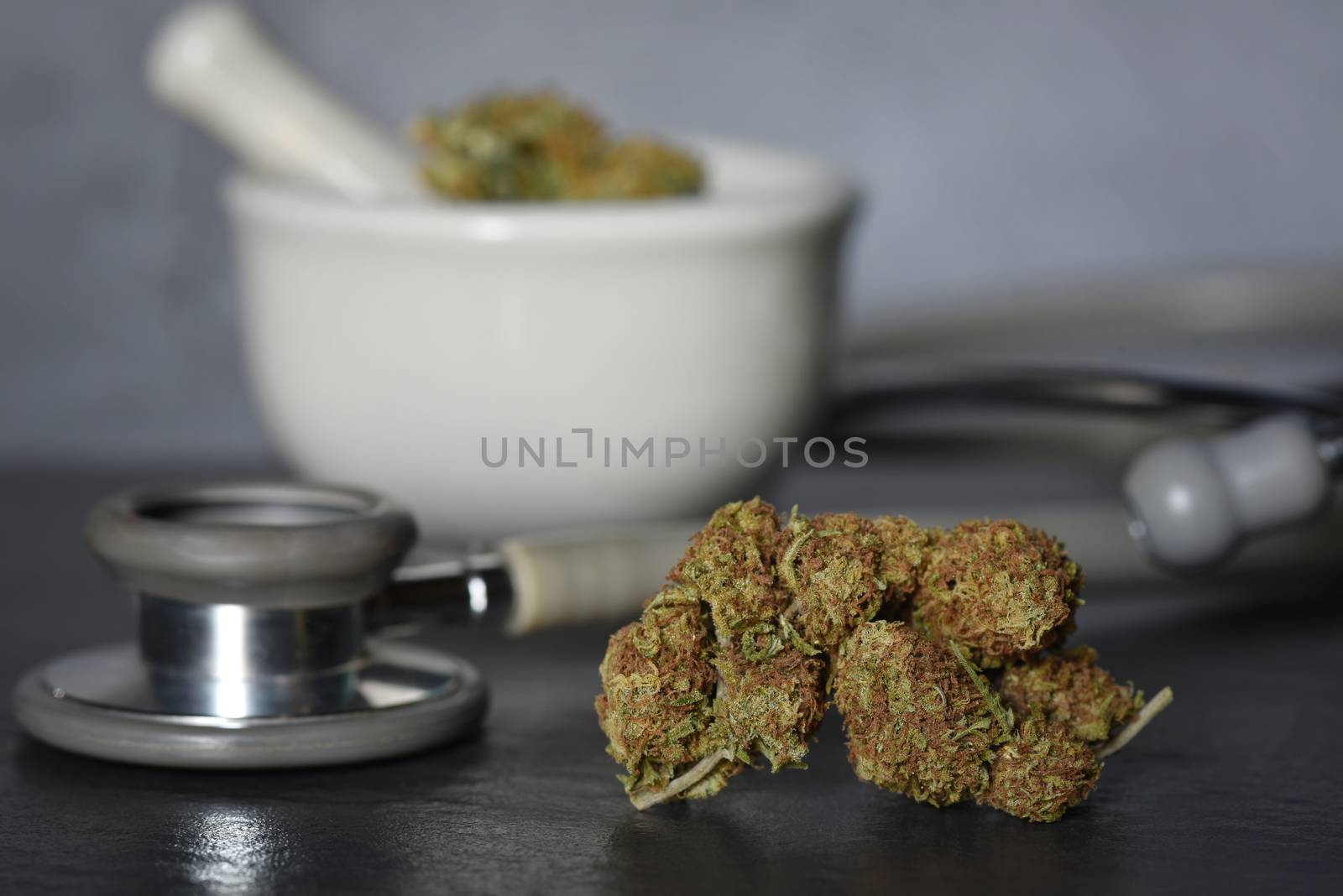 hashish, cannabis, hemp or Medical Marijuana Close Up Cannabis Buds With Doctors Prescription For Weed. Medicinal Pot With Stethoscope on black background. Selective Focus.