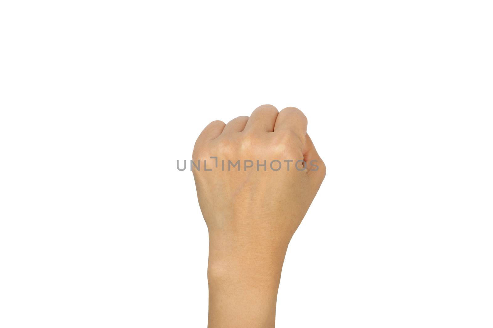 Hand raised up clenched fist isolated on white background.