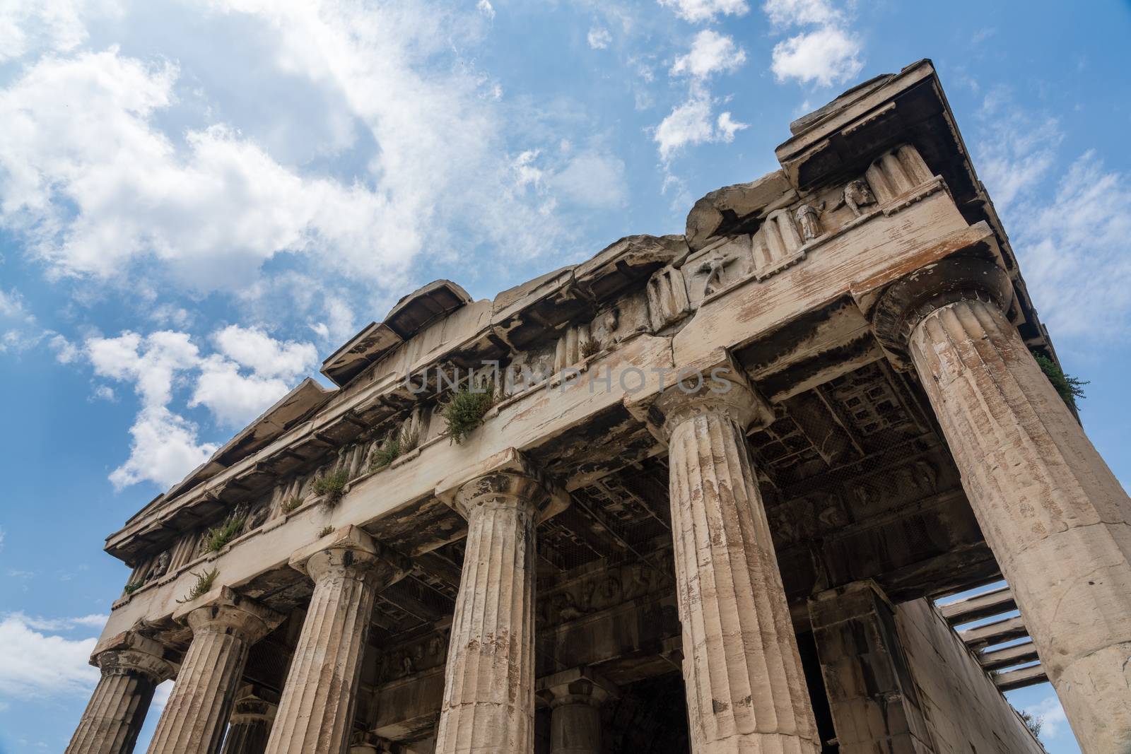Detail of the columns and carving on Temple of Hephaestus in Greek Agora Athens
