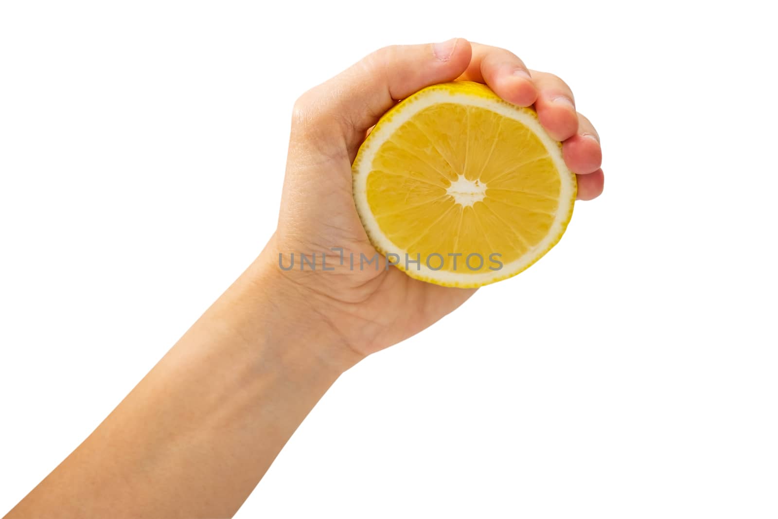 Female hand squeezing half of lemon on white background, Healthy eating and diet concept.