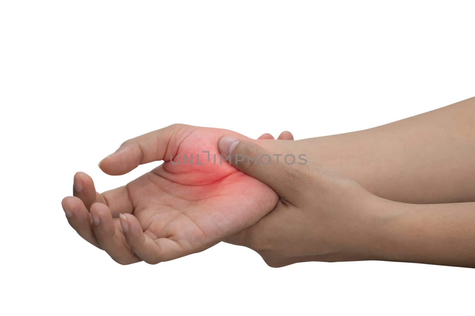 A woman massaging her painful hand isolated on a white background with red color on hand.