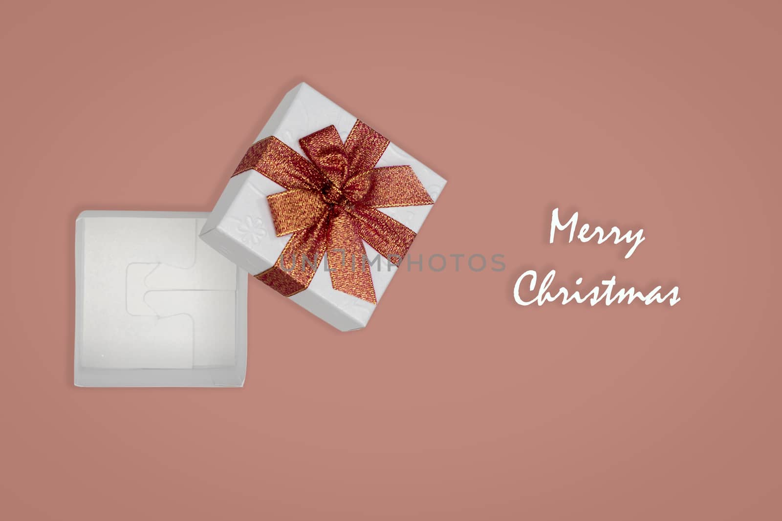Top view of opened white gift box on orange background. with cop by feelartfeelant