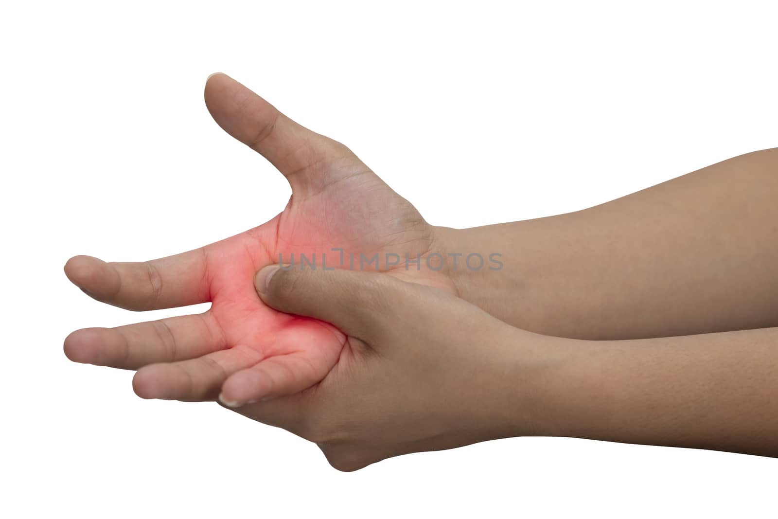A woman massaging her painful hand isolated on a white backgroun by feelartfeelant