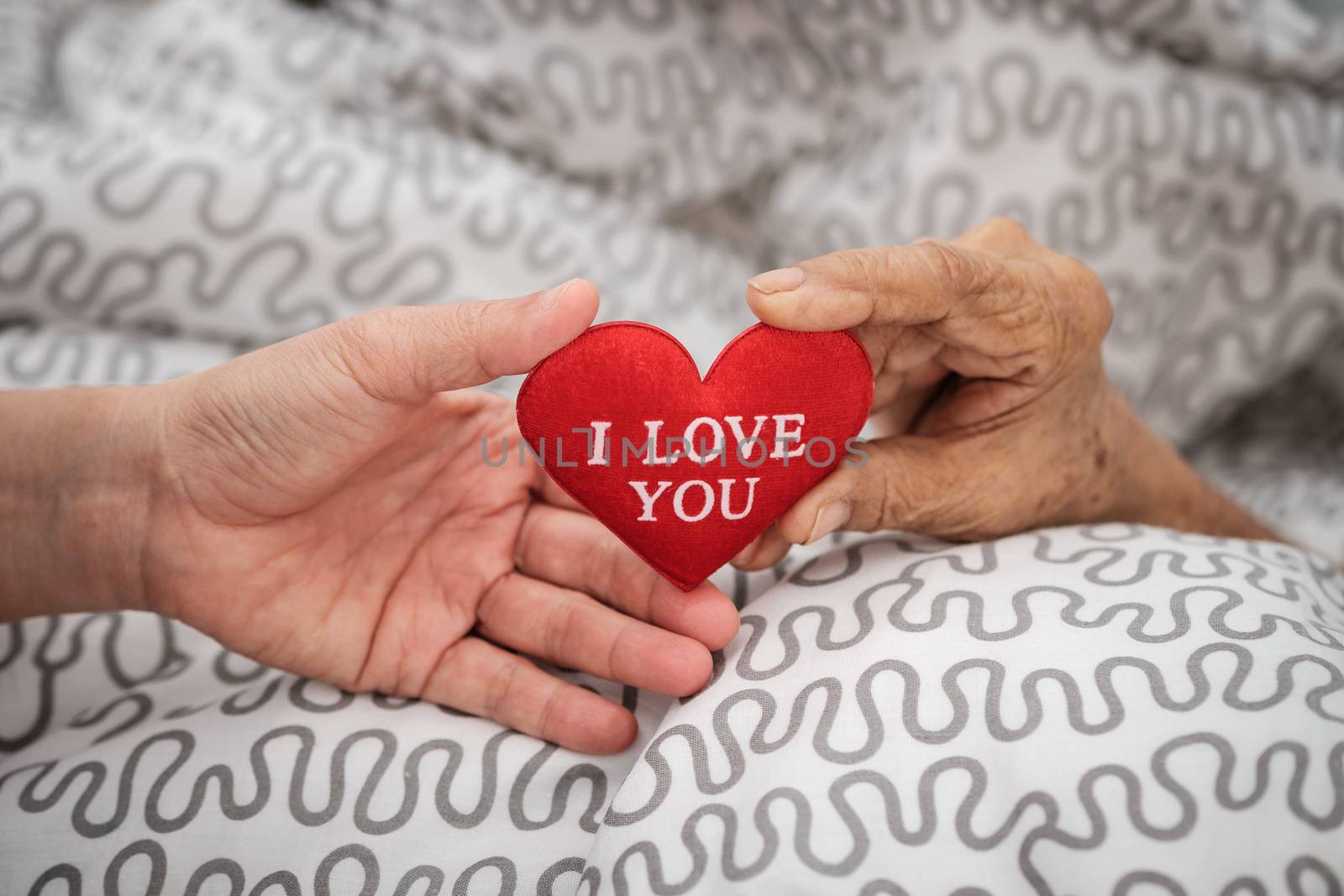 Hands of an elderly woman holding a red heart. Love in family concept.