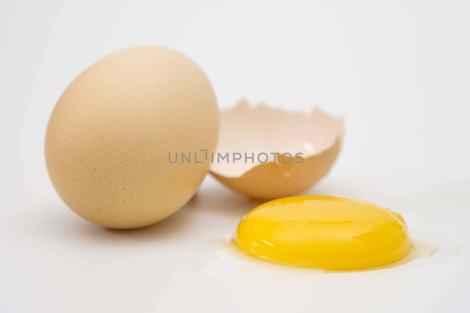 Eggs and yolks arranged in a white scene, Egg is beneficial to the body, Food concept.
