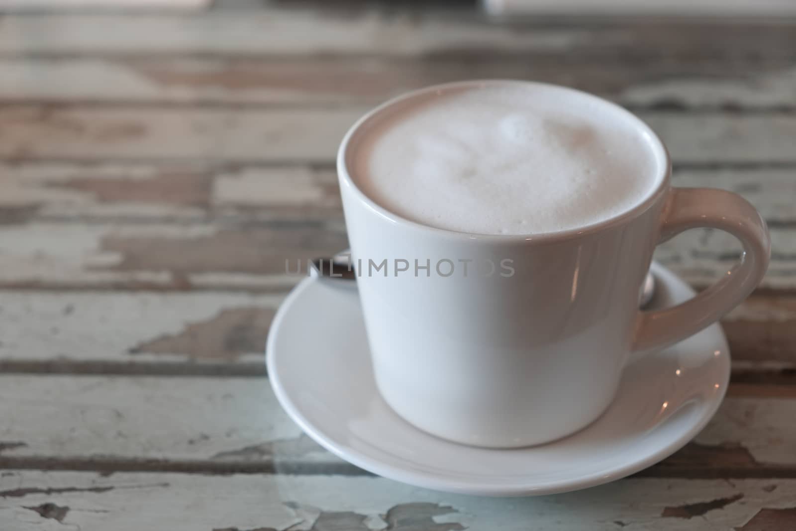 White Fresh Milk Mug on wooden background by feelartfeelant