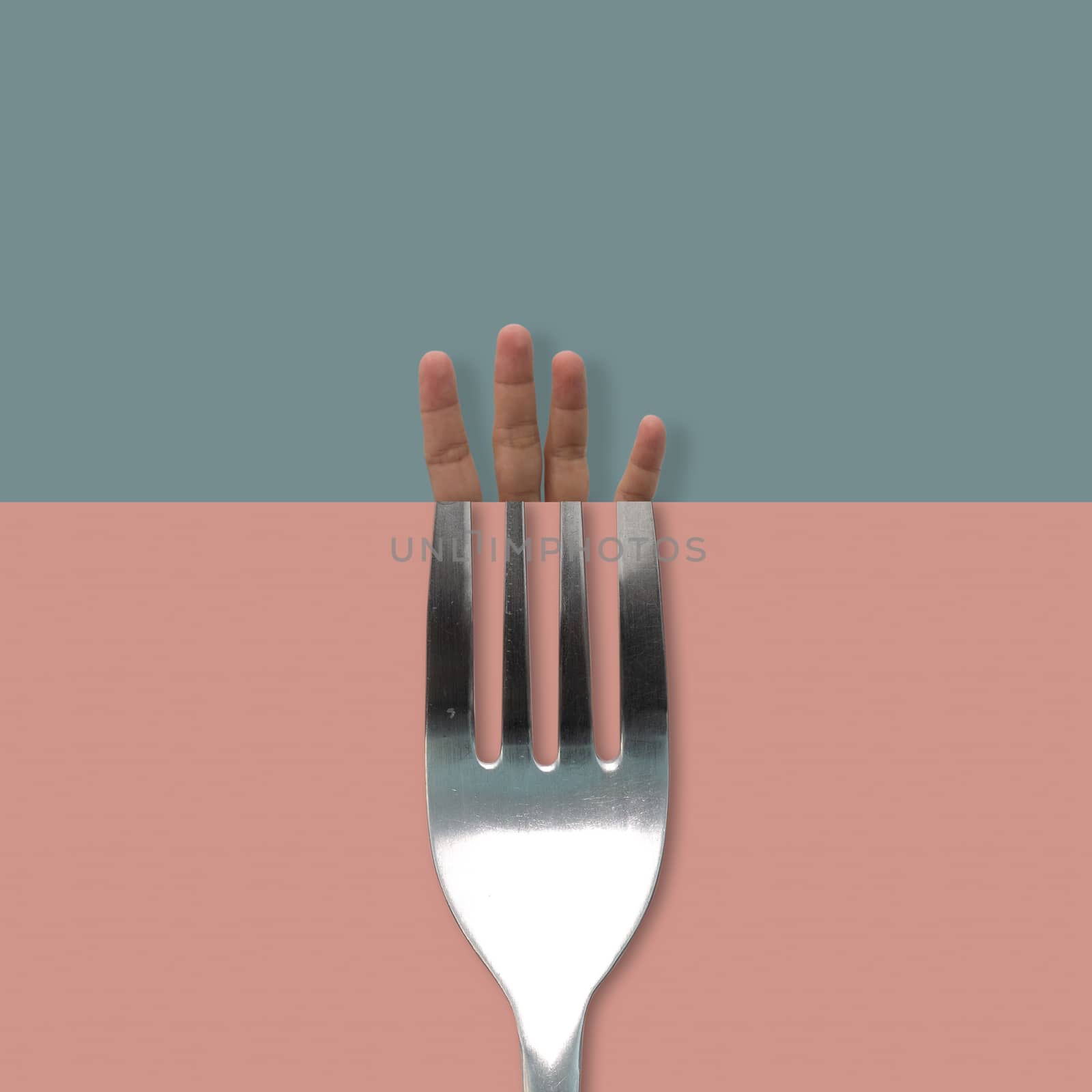 Contemporary art-hand and fork on blue, pink background, Minimal style.