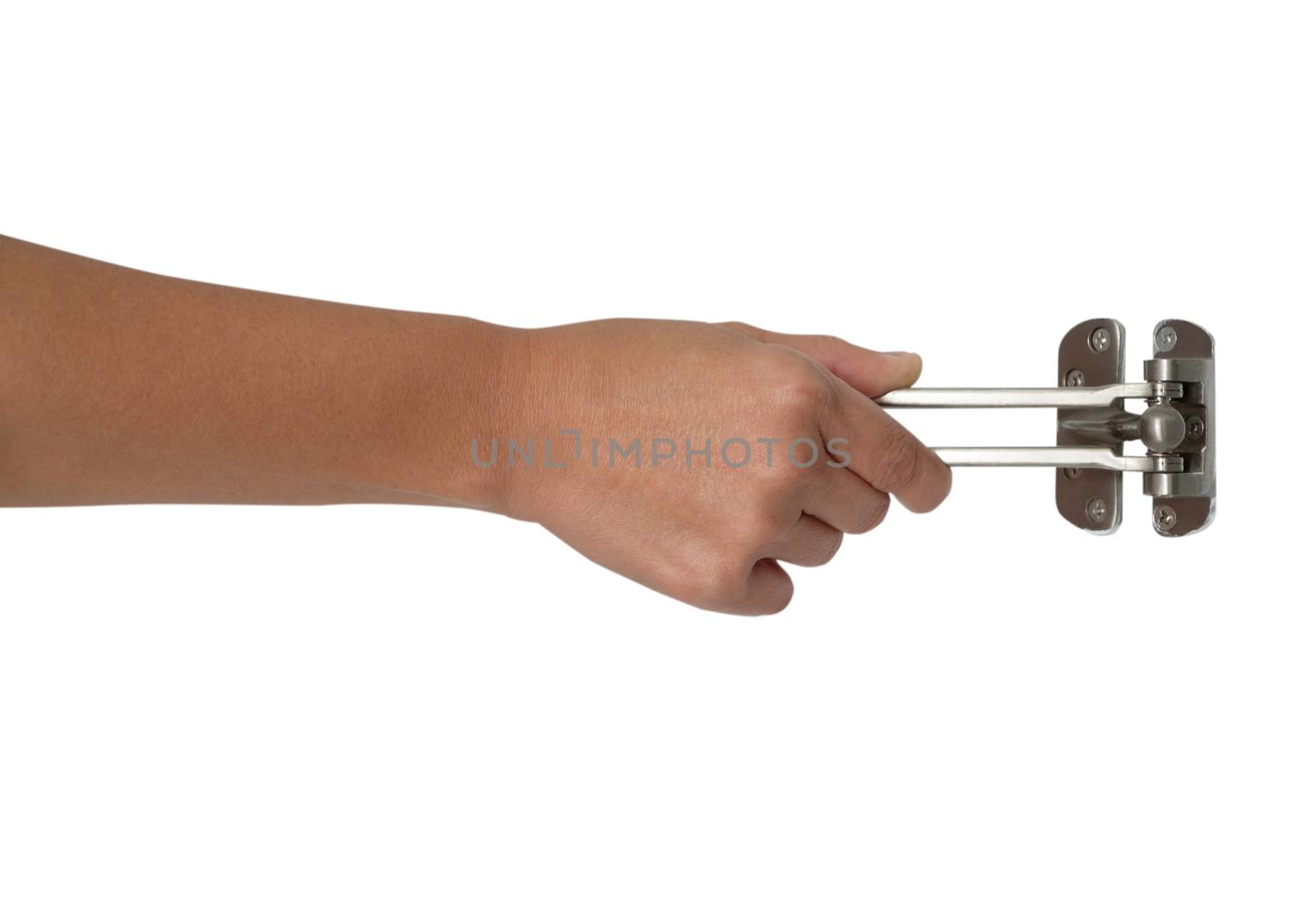 Hand is holding the door lock, Isolated on white background.
