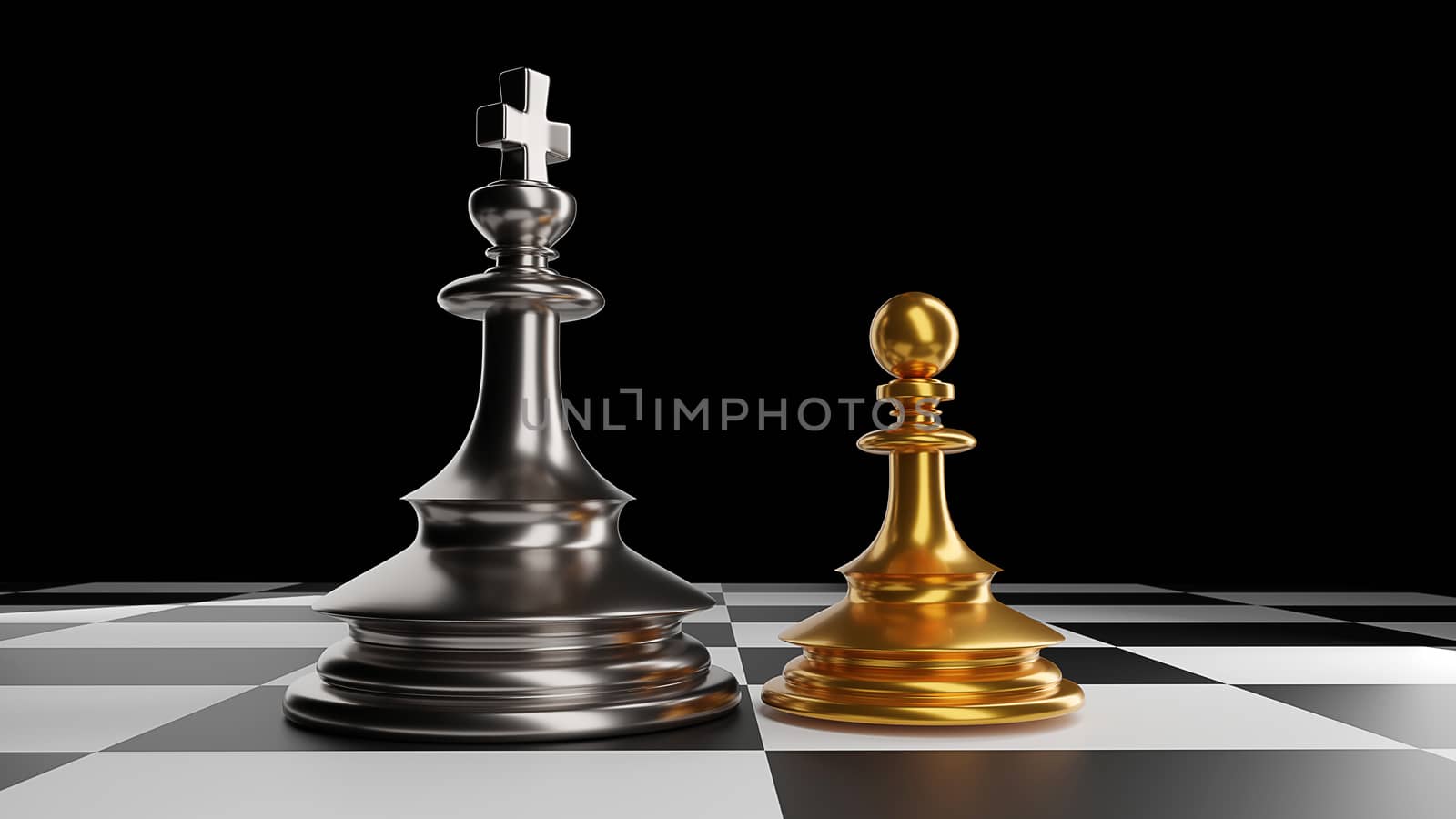 The King in battle chess game stand on chessboard with black isolated background. Concept business 

strategy, planning and decision.3d rendering.