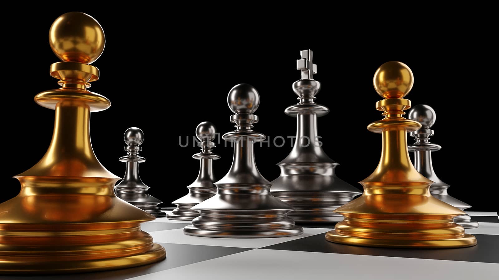 The King in battle chess game stand on chessboard with black isolated background. Concept business strategy, planning and decision.3d rendering.